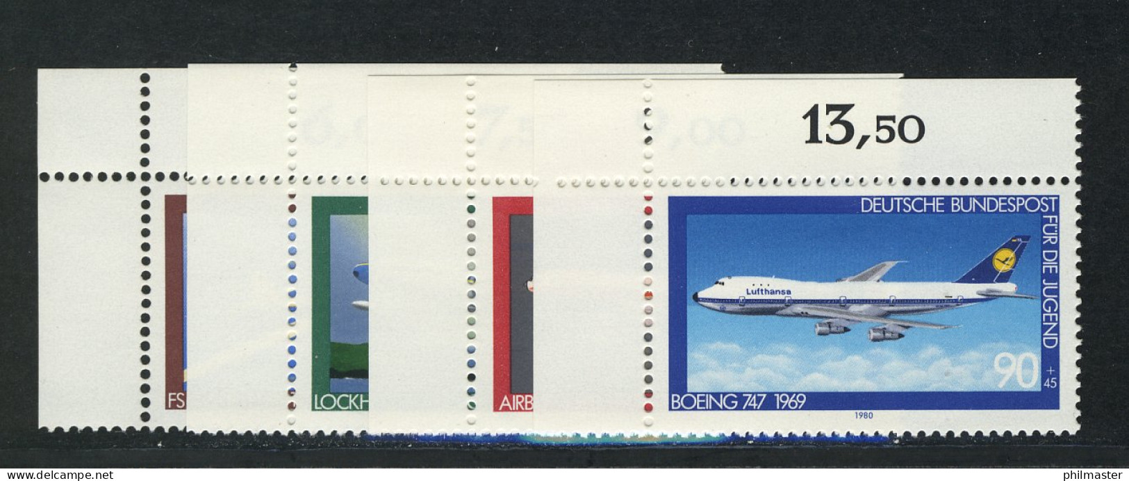 1040-1043 Jugend Luftfahrt 1980, Ecke O.l. Satz ** - Nuevos