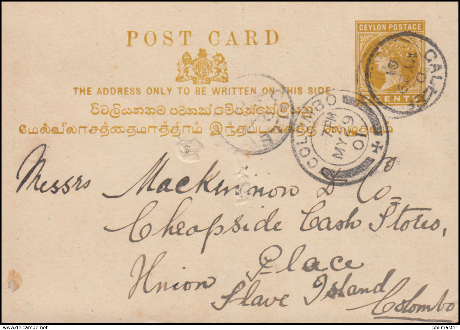 Sri Lanka / Ceylon Postkarte 2 Cents Aus GALLE 29.5.1901 Nach COLOMBO 29.5.01 - Sri Lanka (Ceylan) (1948-...)
