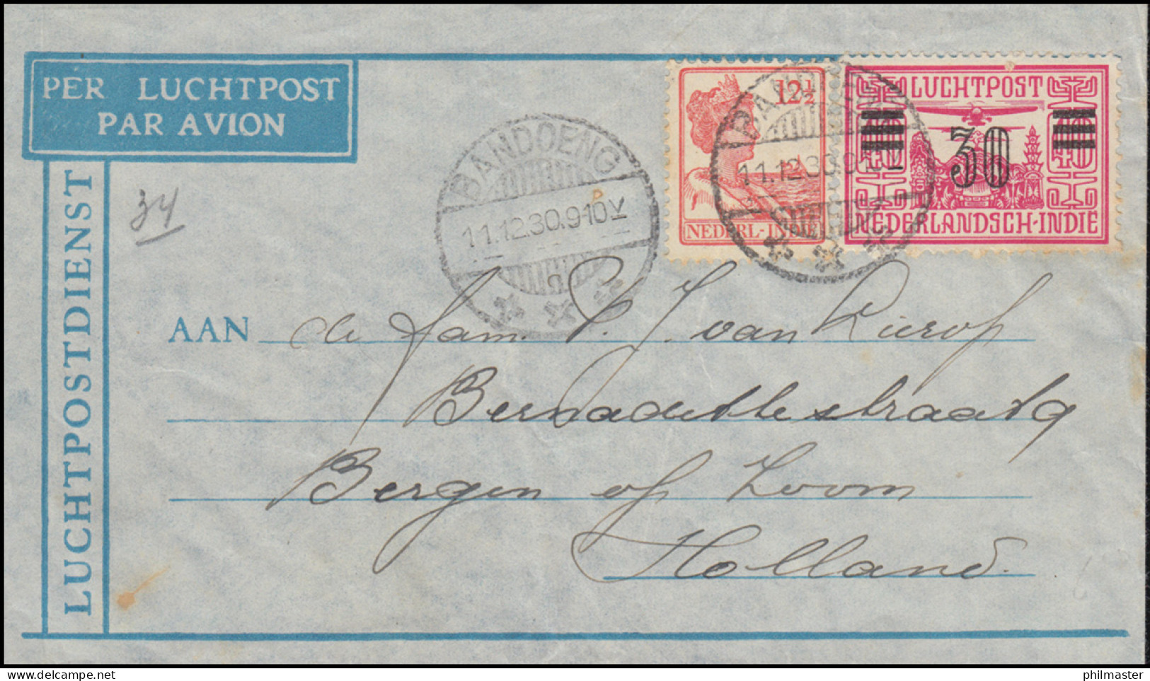 Luftpostbrief Mit Flugpostmarke Aus BANDOENG 11.12.1930 Nach Bergen/Holland - Indie Olandesi
