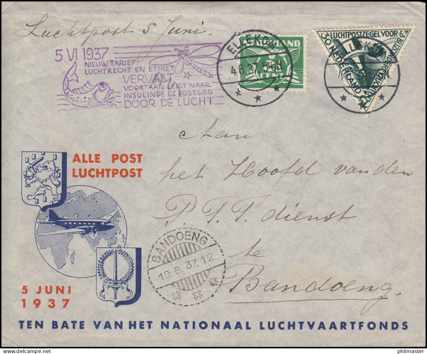 Flugpost Niederlande Nach Bandoeng Stempel Neuer Tarif 5.6.37, Bf. ELLEKOM 4.6. - Airmail