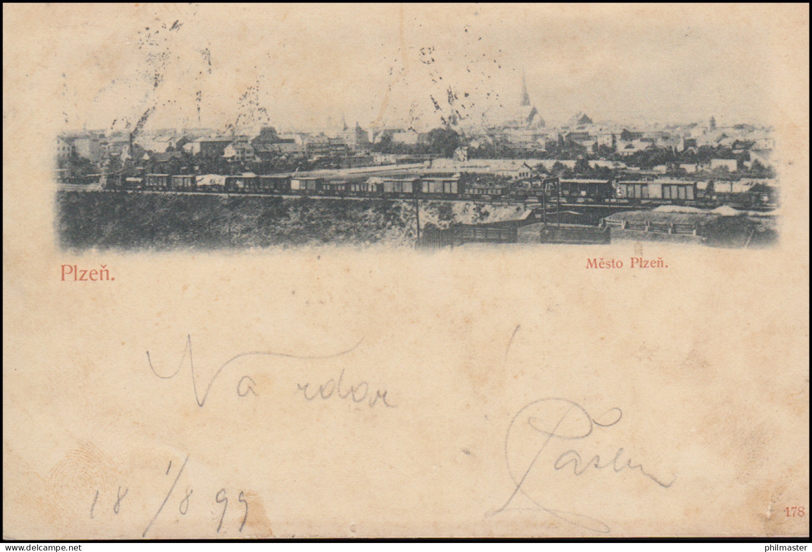 AK Plzen / Pilsen - Panorama, Passender Stempel PILSEN - PLZEN 2.8.1899 - Andere & Zonder Classificatie