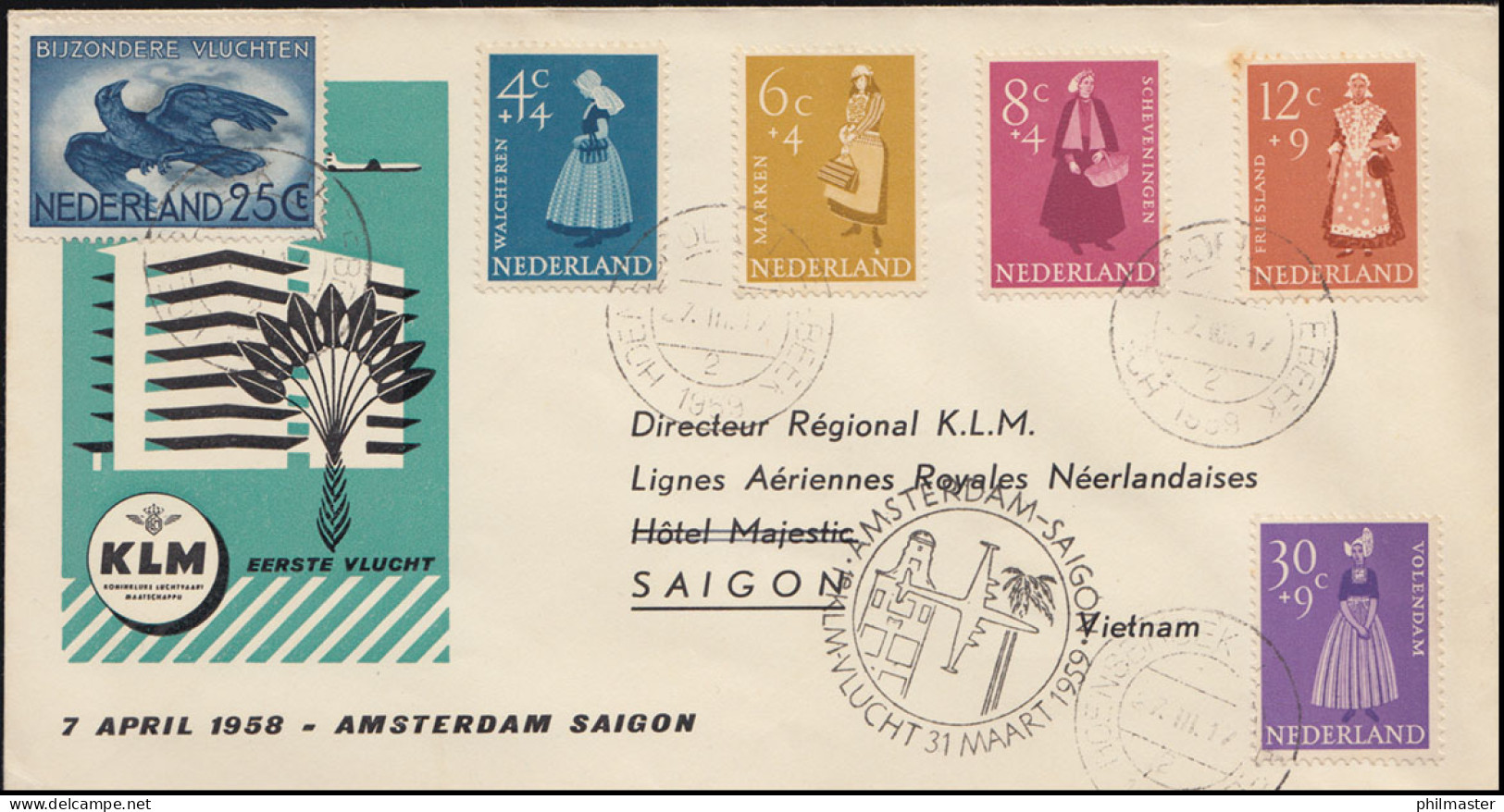 KLM-Erstflug Amsterdam - Saigon 31.3.1959 Schmuck-Brief HOENSBROEL 27.3.1959 - Poste Aérienne