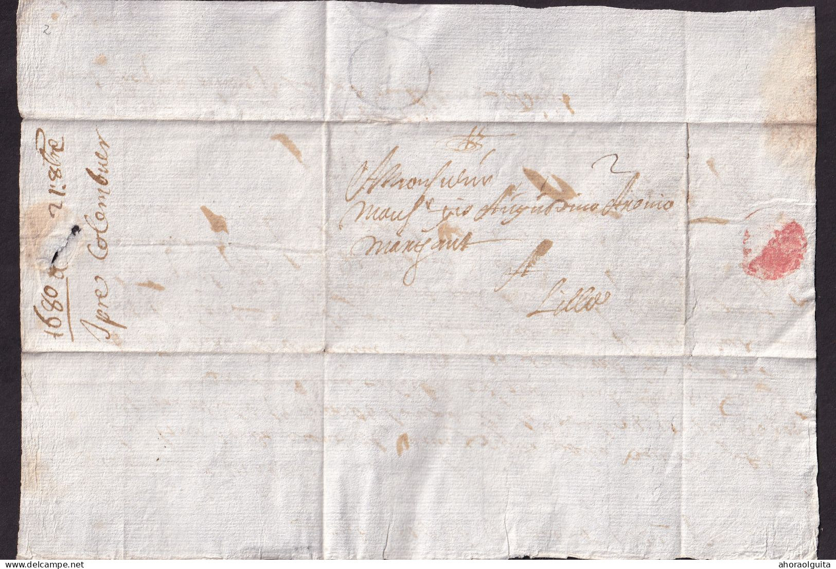 DDGG 061 - Lettre Précurseur YPRES 1680 Vers Aronio à LILLE - Port 2 Patars à L'encre - 1621-1713 (Pays-Bas Espagnols)