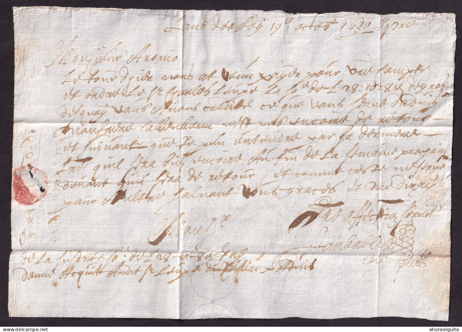 DDGG 061 - Lettre Précurseur YPRES 1680 Vers Aronio à LILLE - Port 2 Patars à L'encre - 1621-1713 (Pays-Bas Espagnols)