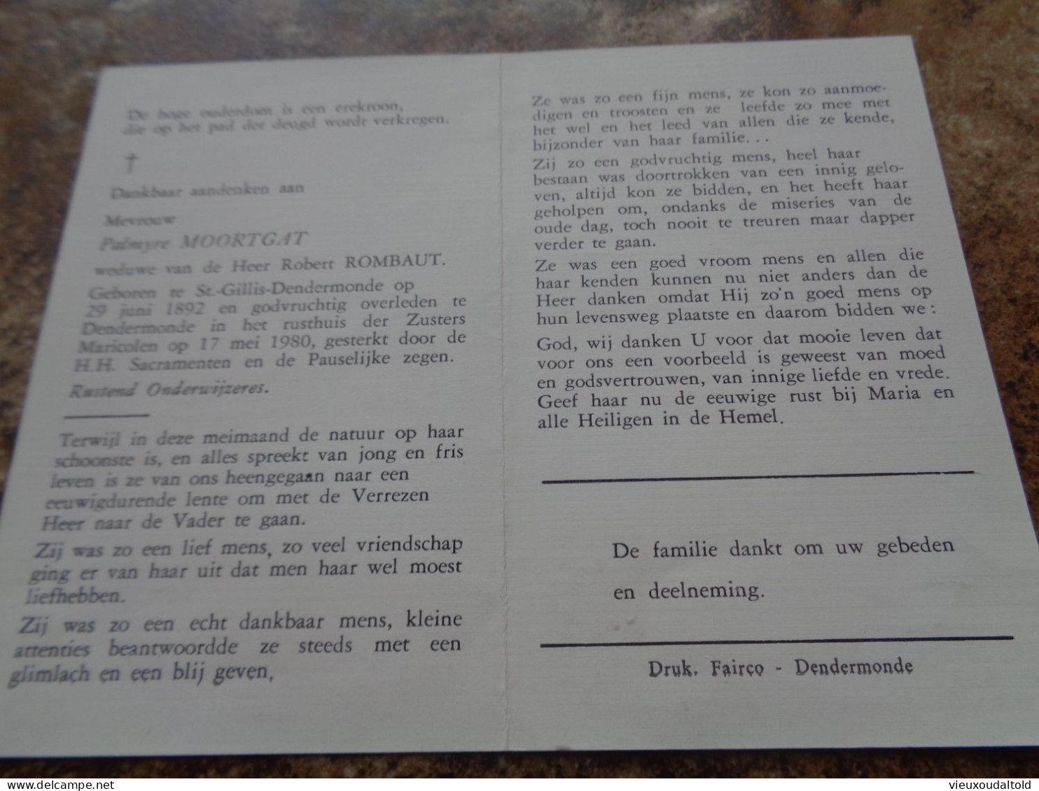 Doodsprentje/Bidprentje  Palmyre MOORTGAT   St Gillis-Dendermonde 1892-1980 Dendermonde  (Wwe Rogert ROMBAUT) - Religion &  Esoterik