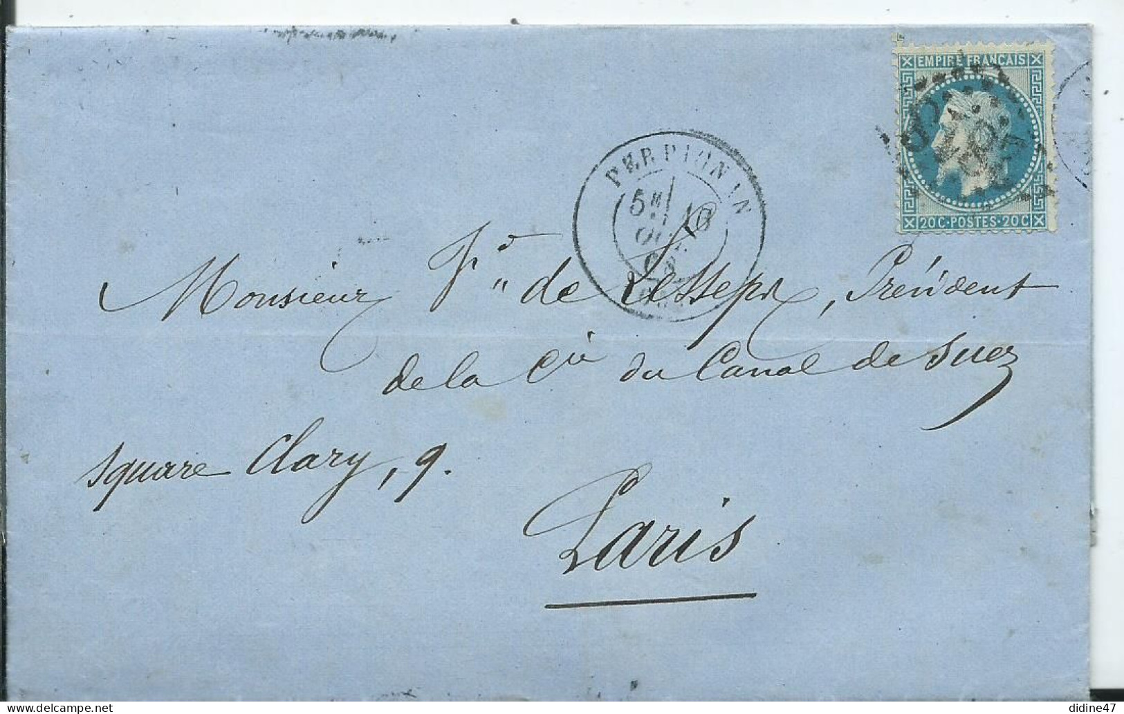 LETTRE Au Départ De PERPIGNAN Adressée à Monsieur Ferdinant De LESSEPS  Président De La Cie Du Canal De Suez- 1868 - Historische Documenten