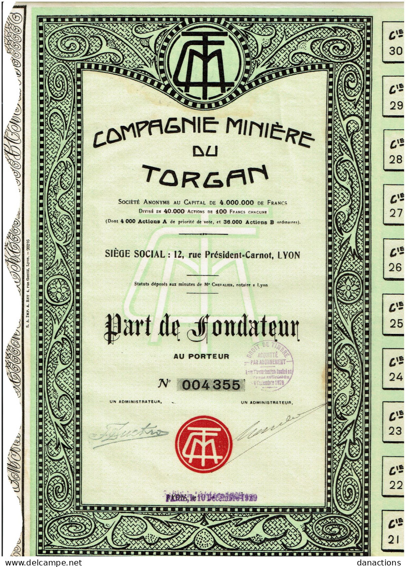 69-MINIERE DU TORGAN. CIE ... 1929 PARIS/LYON   Part De Fondateur - Sonstige & Ohne Zuordnung