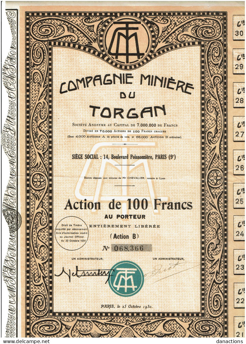 69-MINIERE DU TORGAN. CIE ...  1930 PARIS/LYON - Other & Unclassified