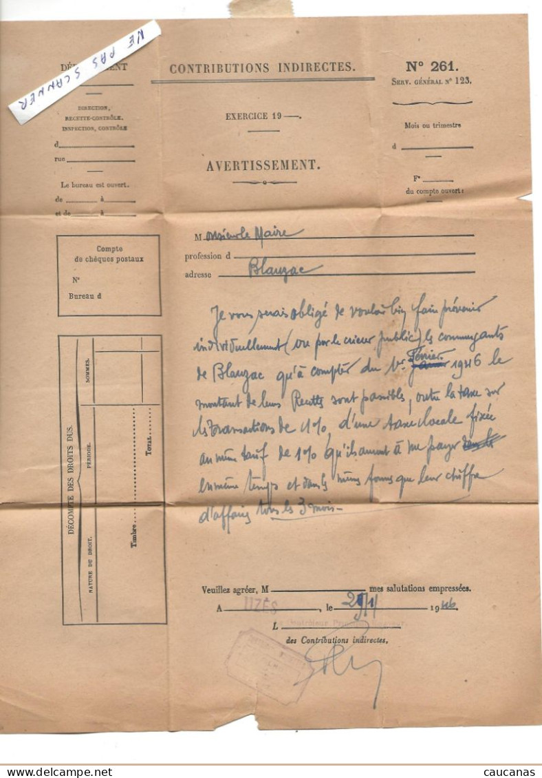 UZES Gard  Avertissement Des Impots 1946 - Ohne Zuordnung