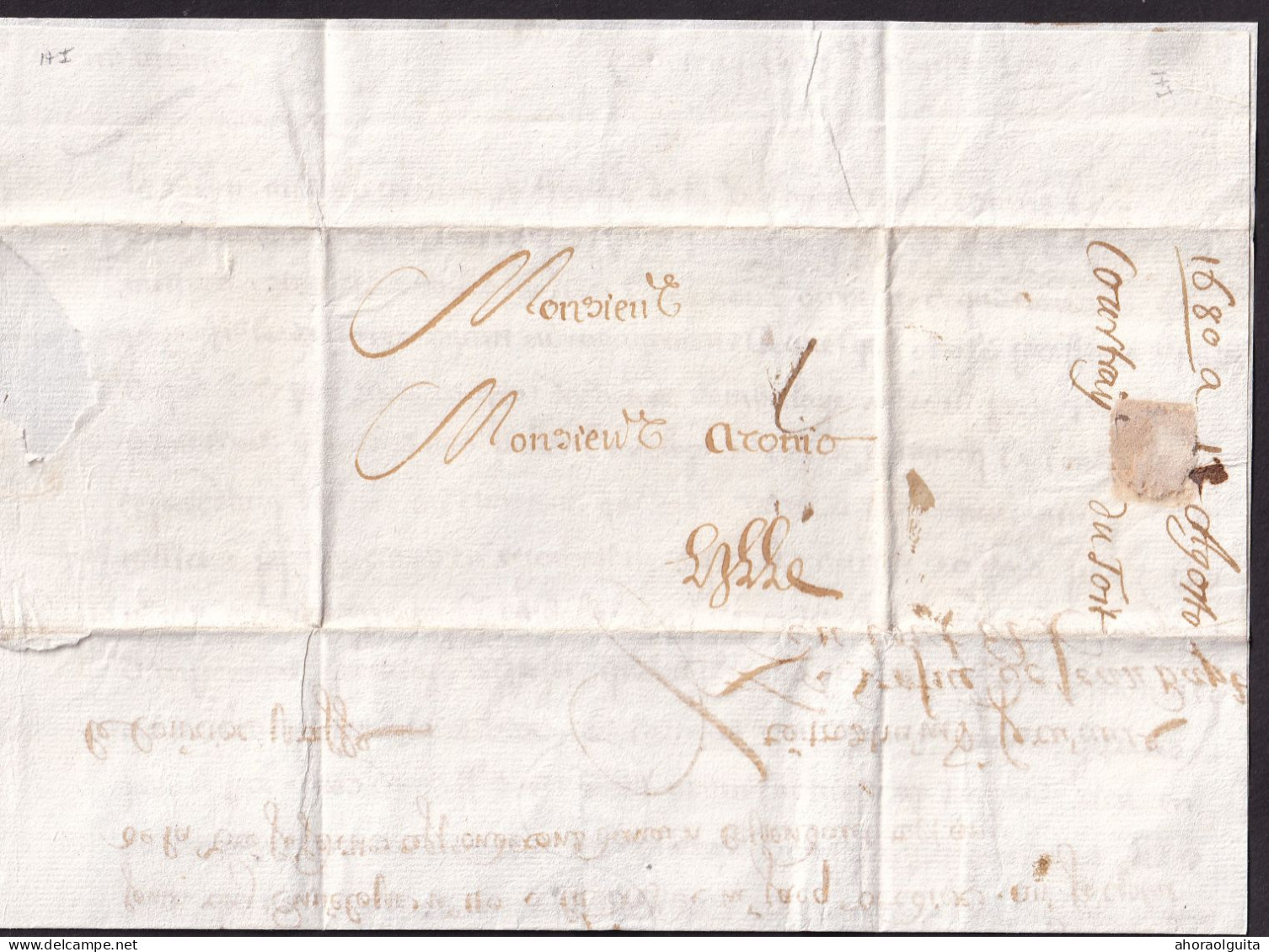 DDGG 062 - Lettre Précurseur COURTRAY 1680 Vers Aronio à LILLE - Port 1 Patar à L'encre - 1621-1713 (Paesi Bassi Spagnoli)