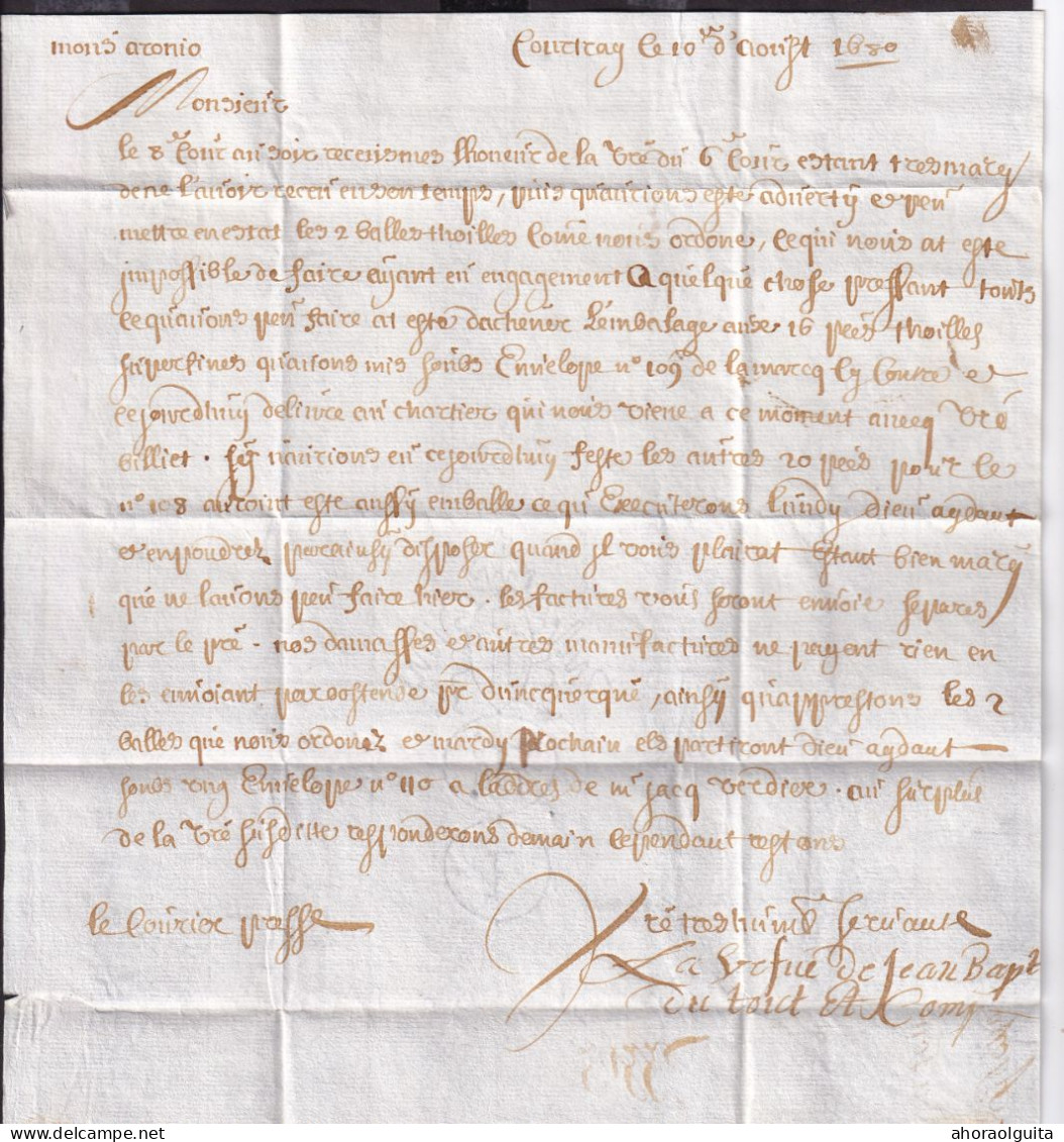 DDGG 062 - Lettre Précurseur COURTRAY 1680 Vers Aronio à LILLE - Port 1 Patar à L'encre - 1621-1713 (Países Bajos Españoles)