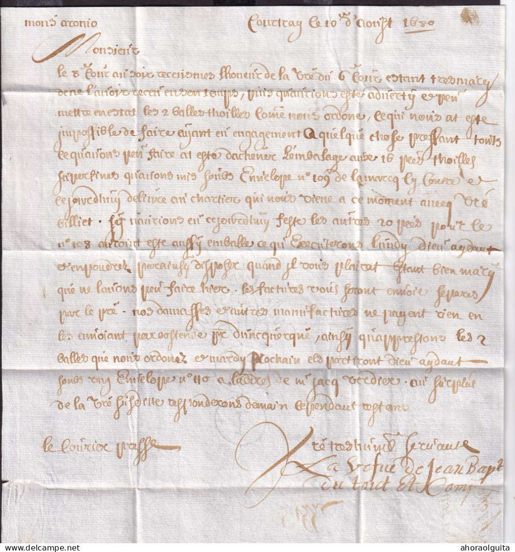 DDGG 062 - Lettre Précurseur COURTRAY 1680 Vers Aronio à LILLE - Port 1 Patar à L'encre - 1621-1713 (Paesi Bassi Spagnoli)