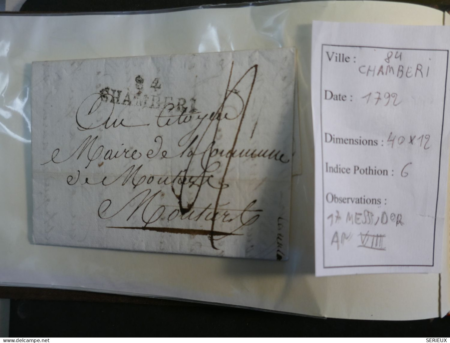 DN16   FRANCE   LETTRE 1792   CHAMBERI A   MOUSTIERS  +AFF. INTERESSANT +++ - 1701-1800: Voorlopers XVIII