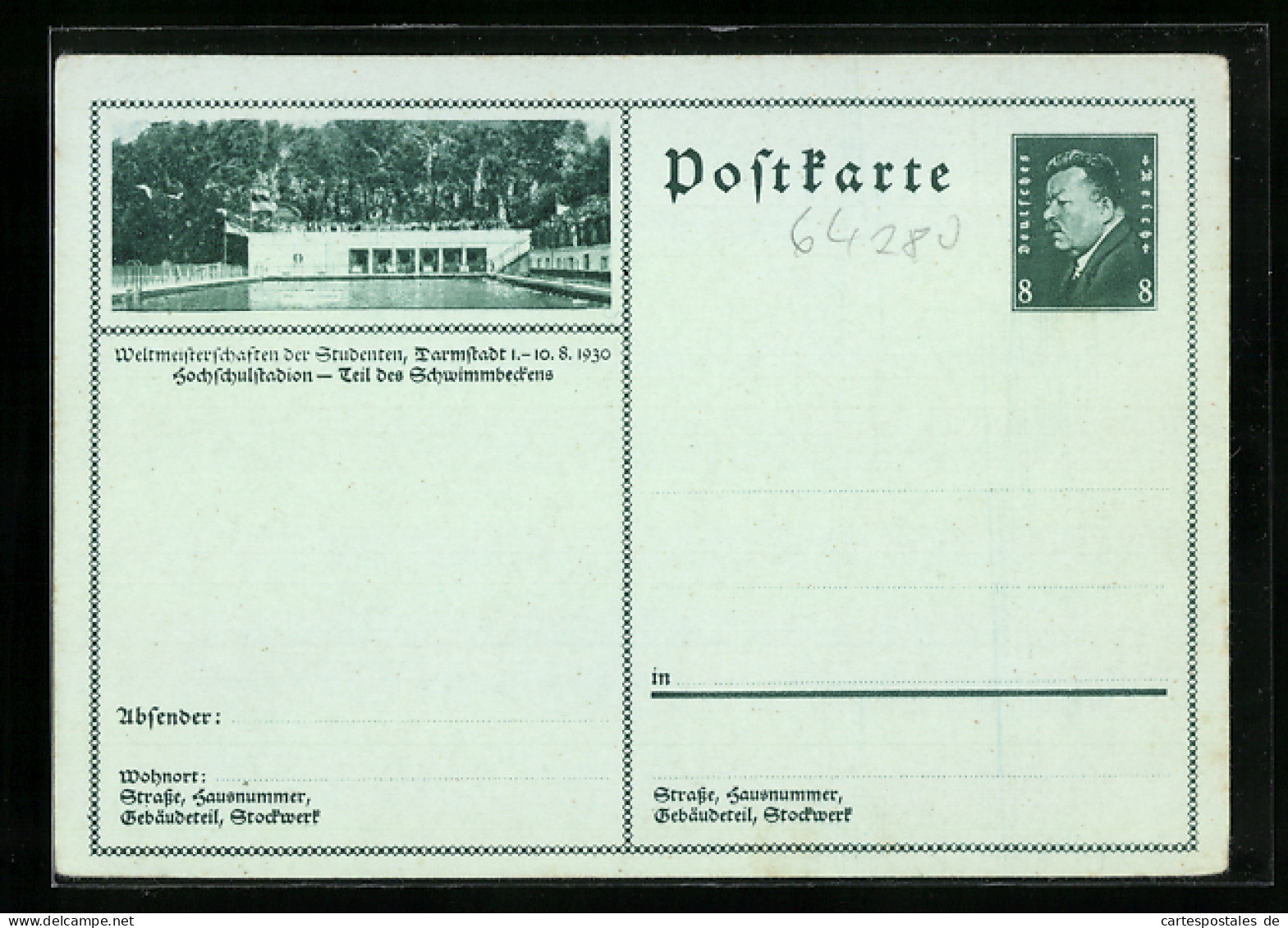AK Darmstadt, 1930, Weltmeisterschaften Der Studenten, Hochschulstadion, Teil Des Schwimmbeckens, Ganzsache  - Cartes Postales