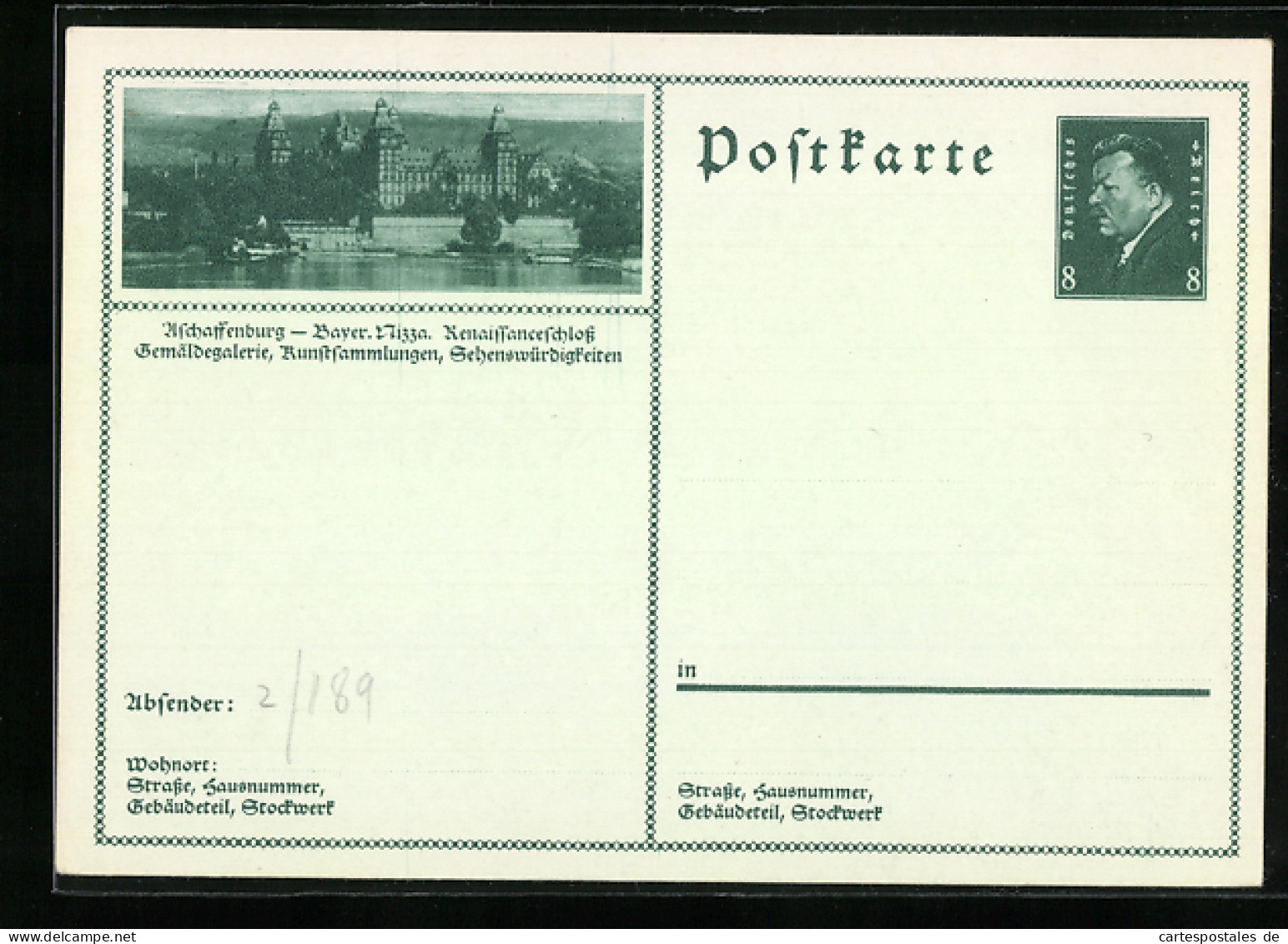 AK Aschaffenburg, Renaissanceschloss Mit Flusspartie, Ganzsache  - Briefkaarten