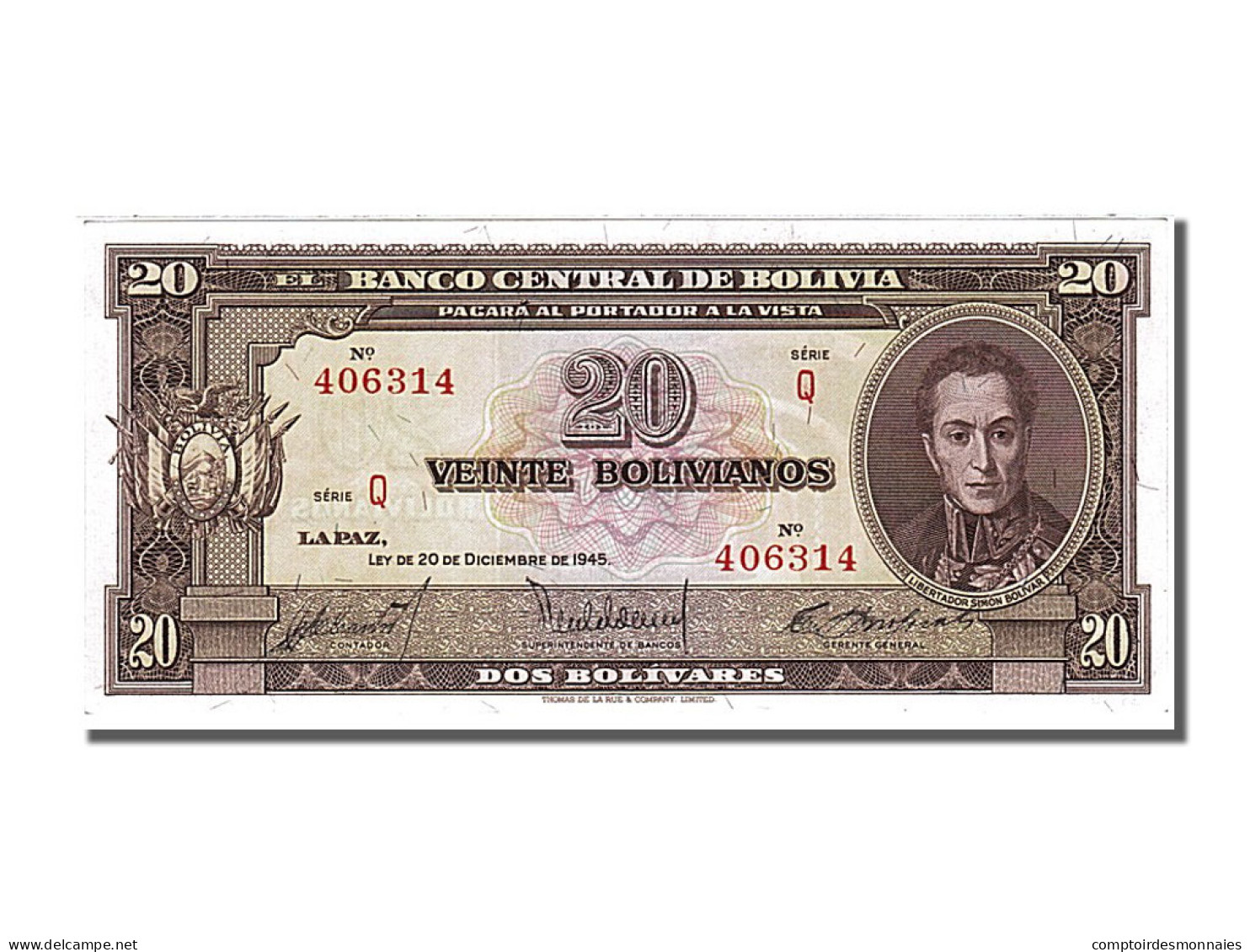 Billet, Bolivie, 20 Bolivianos, 1945, 1945-12-20, NEUF - Bolivië