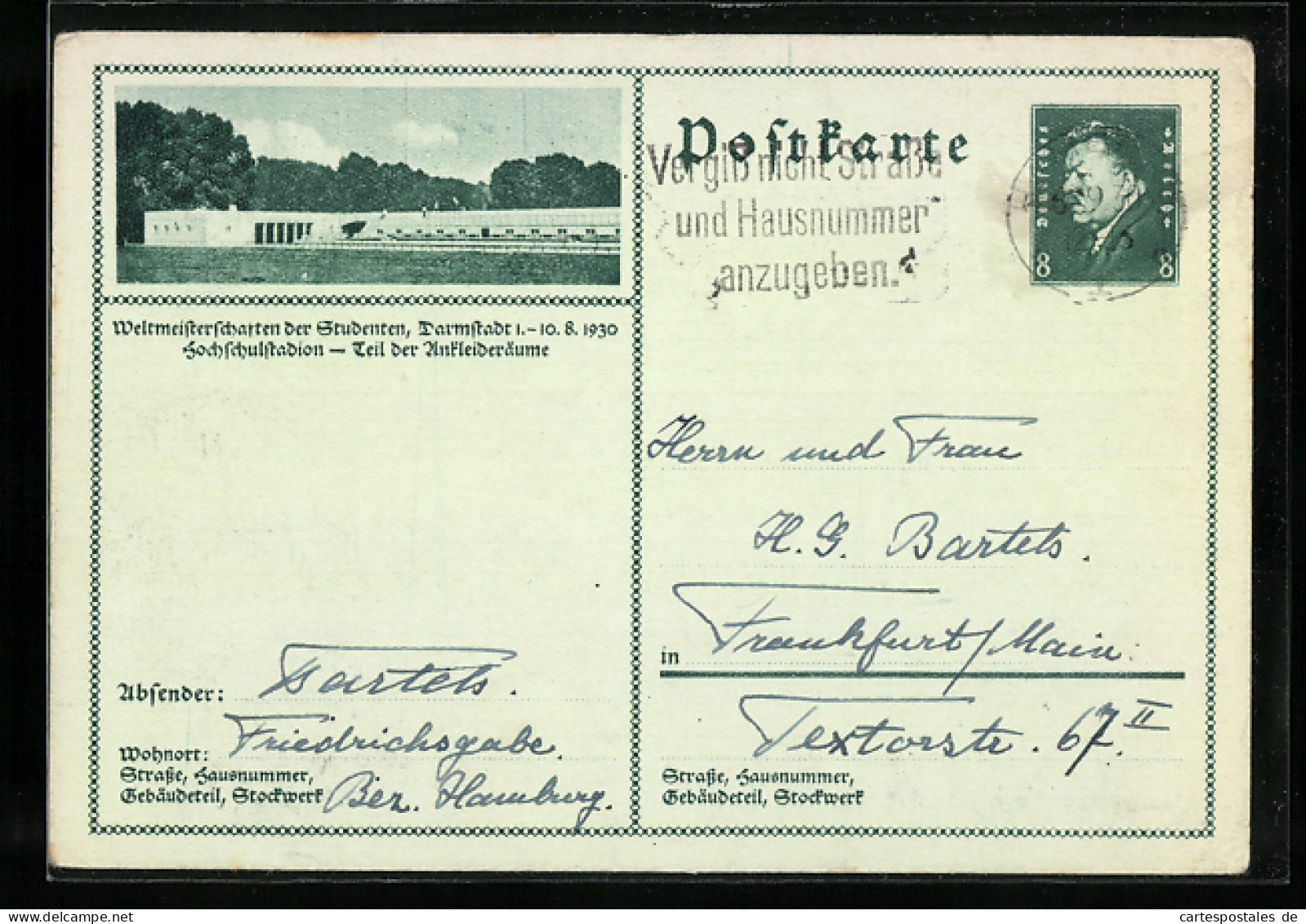 AK Darmstadt, Weltmeisterschaften Der Studenten 1930, Hochschulstadion, Teil Der Ankleideräume, Ganzsache  - Cartes Postales