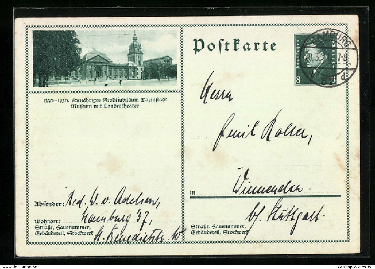 AK Darmstadt, 600 Jähriges Stadtjubiläum, 1330-1930, Museum Mit Landestheater, Ganzsache  - Cartes Postales