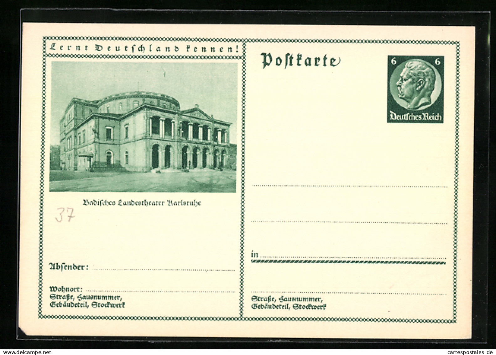 AK Karlsruhe, Am Badischen Landestheater, Ganzsache Lernt Deutschland Kennen  - Postcards