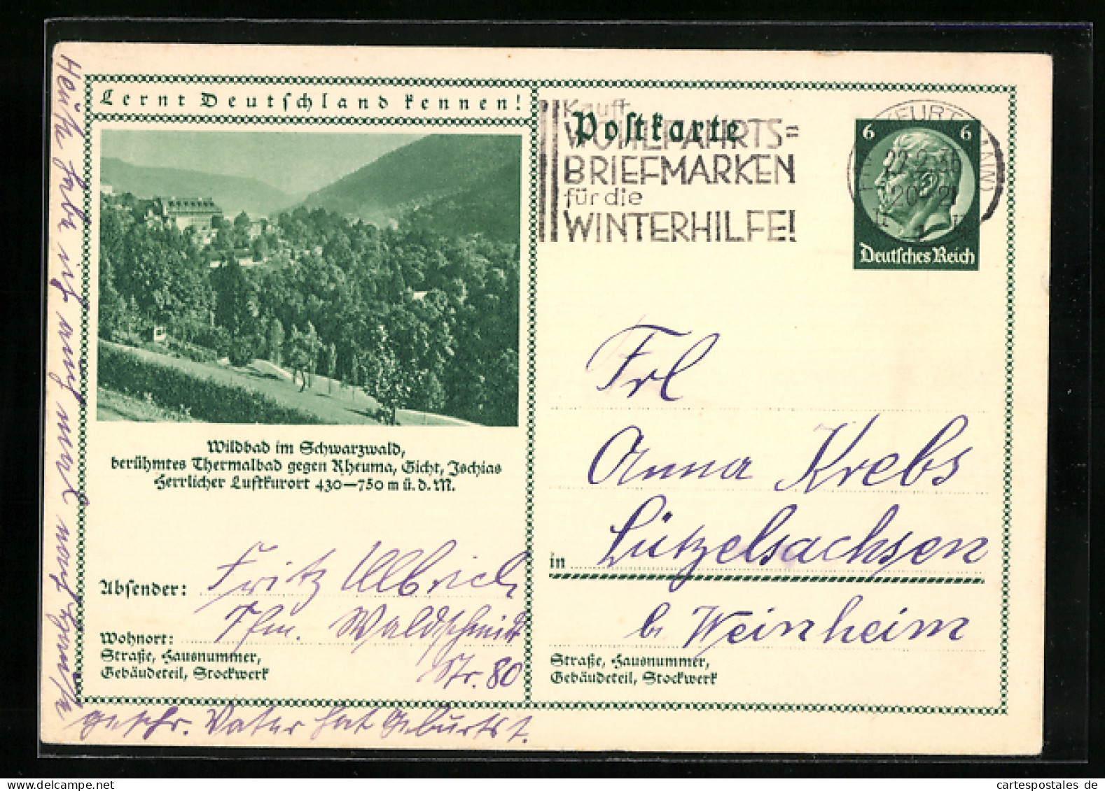 AK Wildbad Im Schwarzwald, Ortsansicht Mit Thermalbad, Ganzsache Lernt Deutschland Kennen  - Briefkaarten