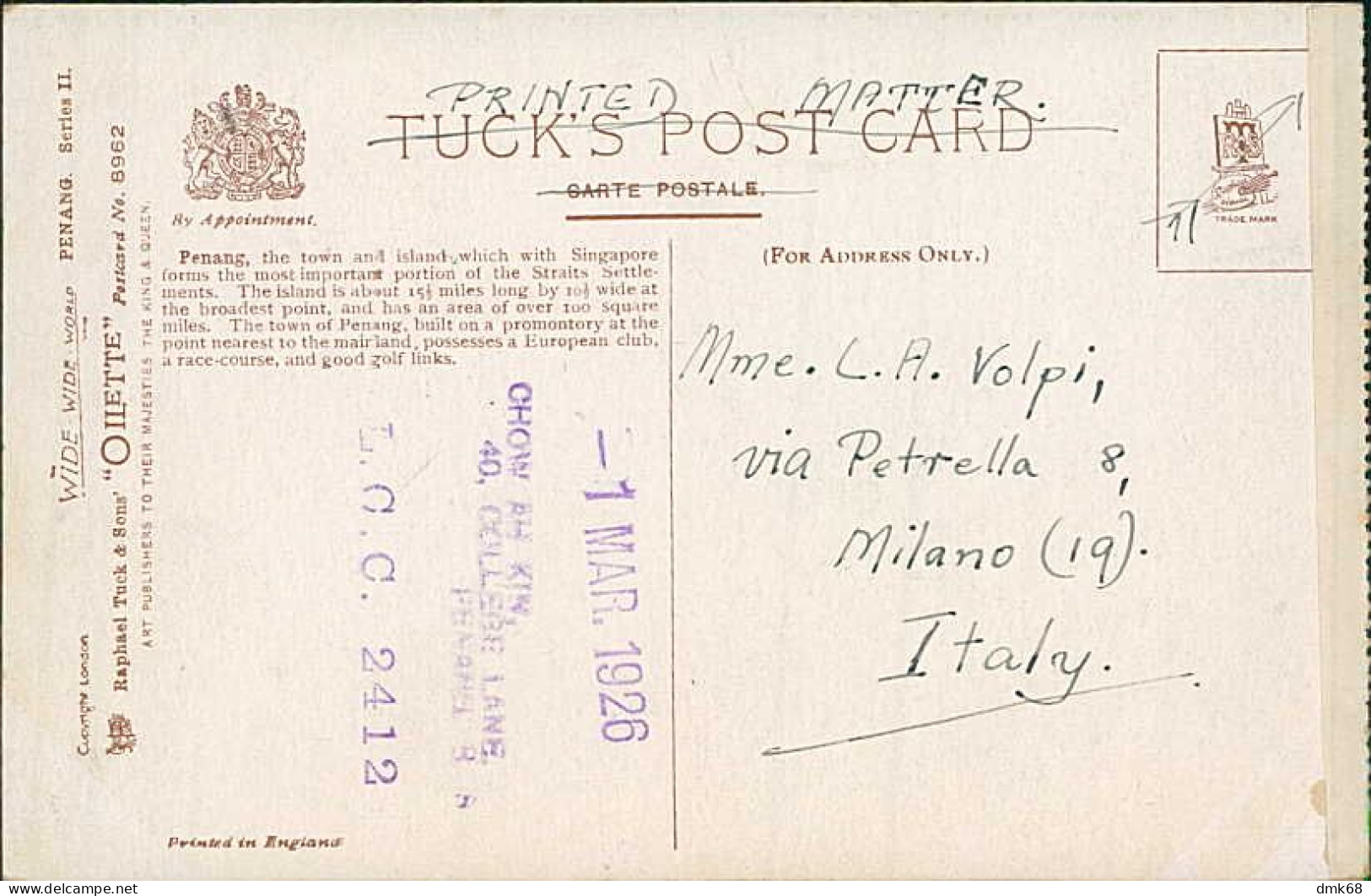 MALAYSIA - PENANG - THE SUPREME COURT - EDIT RAPHAEL TUCK & SONS - MAILED TO ITALY 1926 / STAMP (18228) - Malaysia