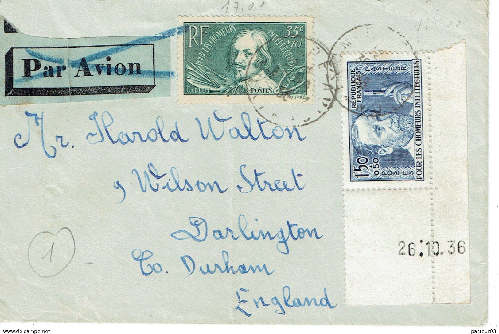 333 Pasteur 1,50 F. Coin Daté + 381 .35 F. Callot LR Poyr L'Angleterre 29-6-1938 - 1921-1960: Modern Period