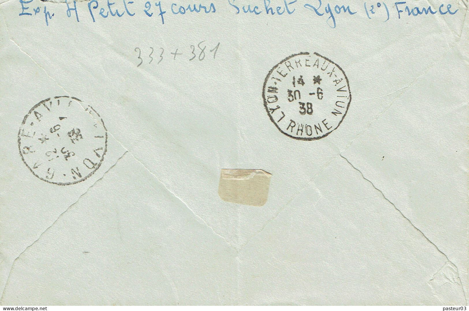 333 Pasteur 1,50 F. Coin Daté + 381 .35 F. Callot LR Poyr L'Angleterre 29-6-1938 - 1921-1960: Modern Period