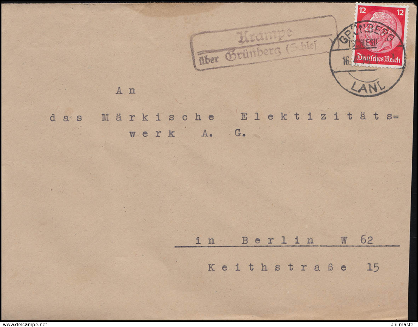 Landpost Krampe über Grünberg Schlesien Auf Brief GRÜNBERG 16.4.36 - Brieven En Documenten