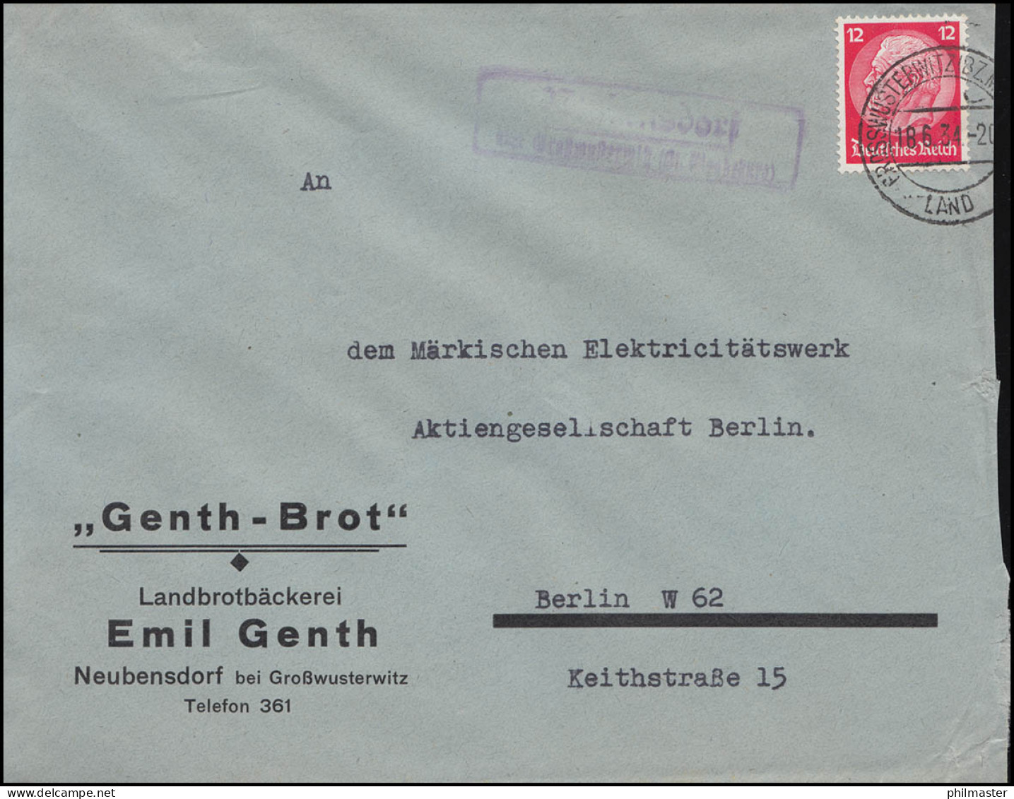 Landpost Neubensdorf Bei Großwusterwitz Auf Bäckerei-Brief 18.6.34 - Lettres & Documents