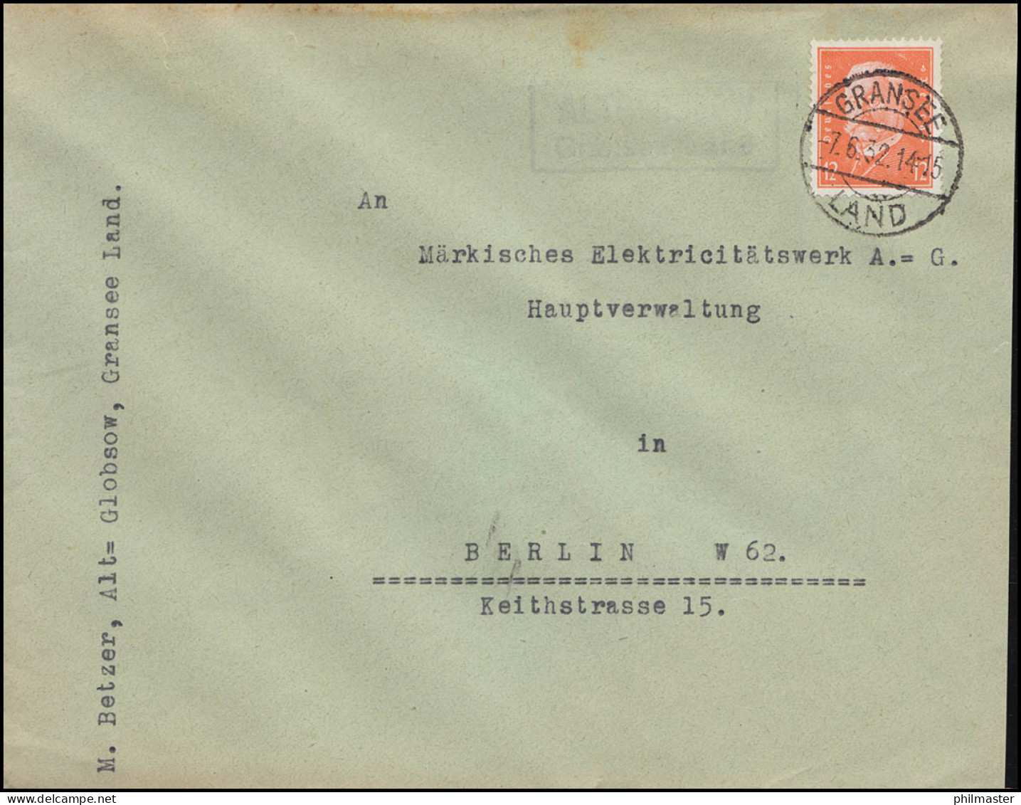 Landpost Altglobsow Gransee Land Auf Brief GRANSEE 7.6.32 - Briefe U. Dokumente