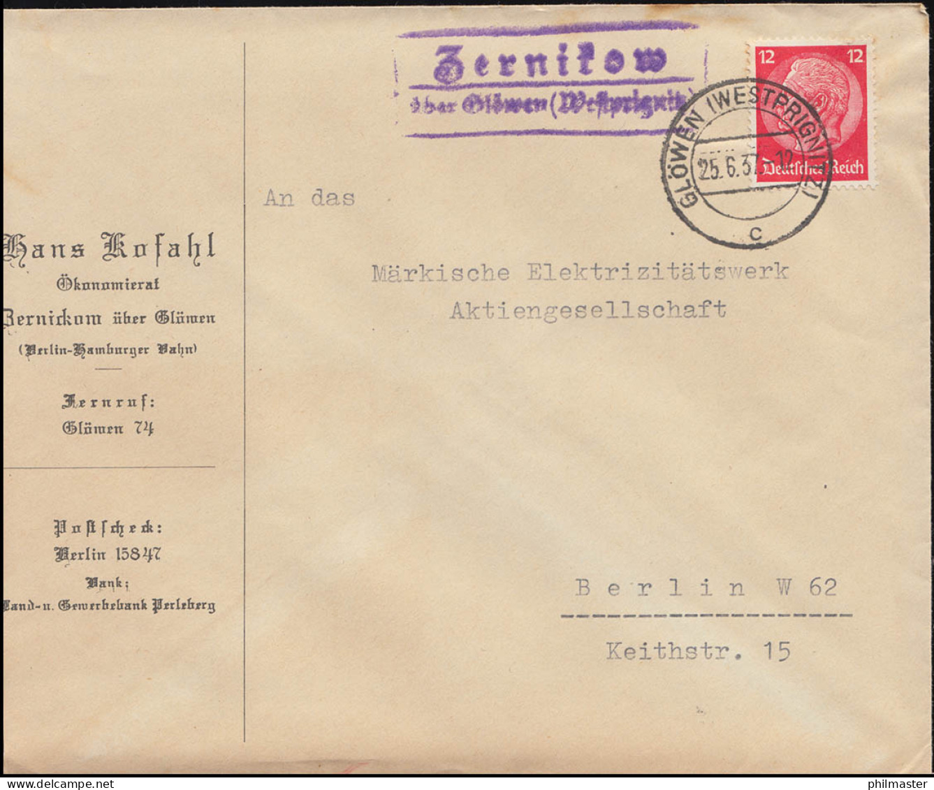 Landpost Zernikow über Glöwen Westprignitz Auf Brief GLÖWEN 25.6.37 - Lettres & Documents