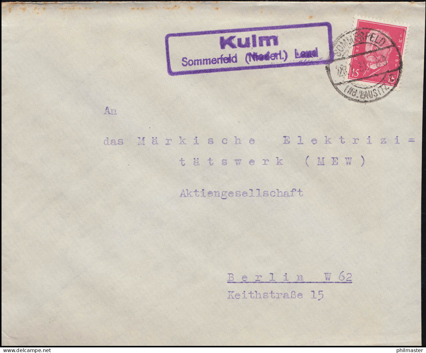 Landpost Kulm Sommerfeld Niederlausitz Land Auf Brief Sommerfeld Jan. 1931 - Covers & Documents