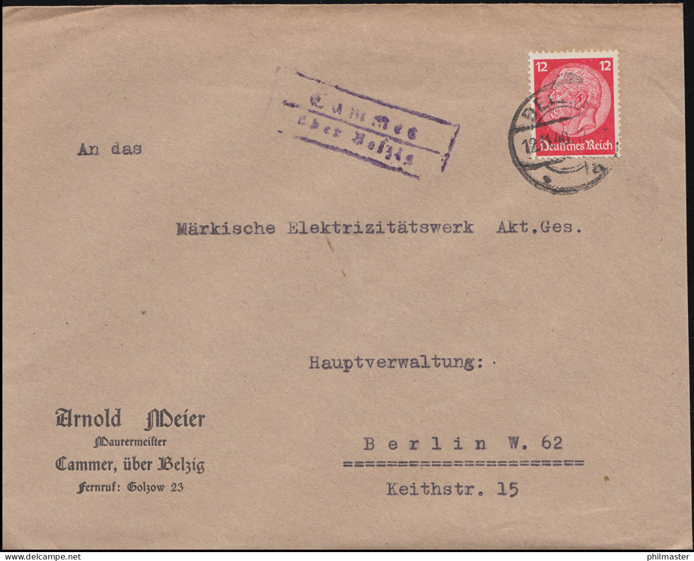 Landpost Cammer über Belzig Auf Brief BELZIG 12.11.40 - Lettres & Documents