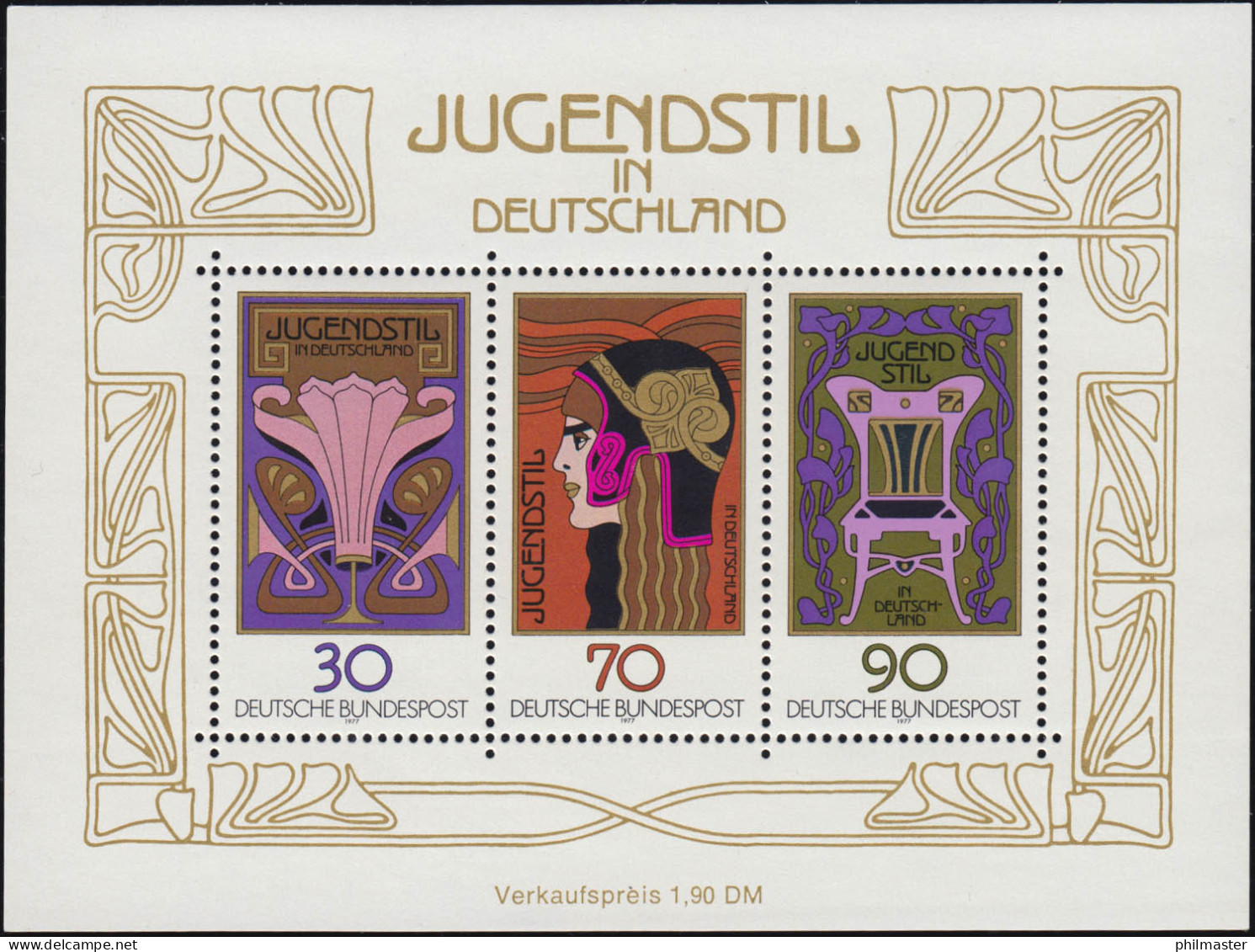 Block 14 Jugendstil: Fette Schrift JUGENDSTIL / Golddruck übersättigt, ** - Abarten Und Kuriositäten