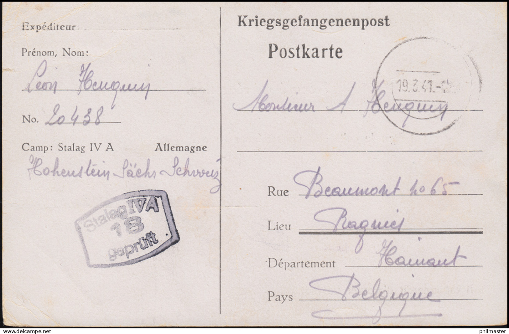 Kriegsgefangenenpost Stalag IV A 18 Postkarte Tarnstempel 19.3.41 Nach Belgien - Feldpost 2. Weltkrieg