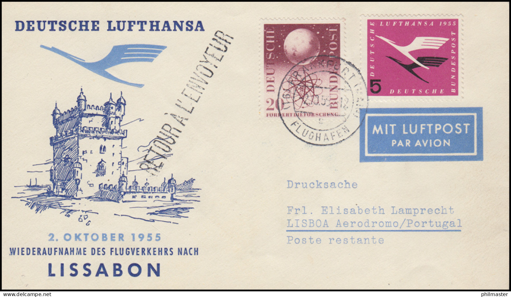 Eröffnungsflug Lufthansa Nach Lissabon, Frankfurt/Main 2.10.1955 - Erst- U. Sonderflugbriefe