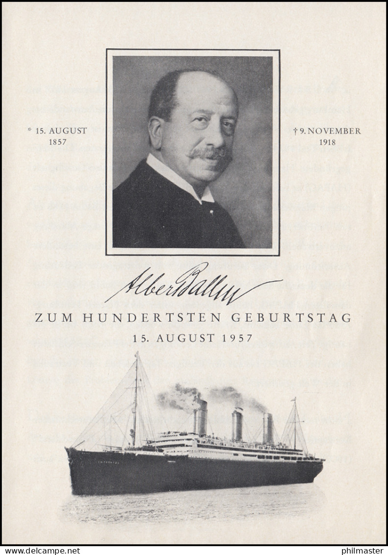 266 Reeder Albert Ballin Auf HAPAG-Schmuck-FDC ESSt HAMBURG 15.8.1957 - Ships