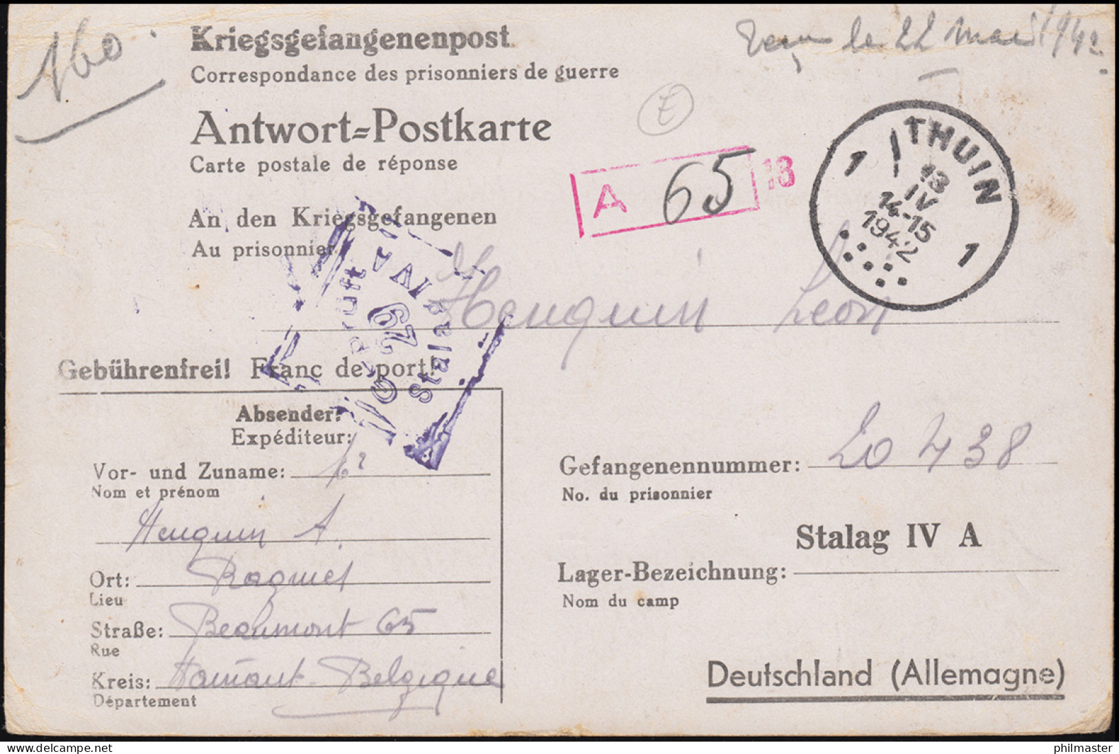 Kriegsgefangenenpost Stalag IV A 29 Antwort-Postkarte THUIN 13.4.42 - Feldpost World War II