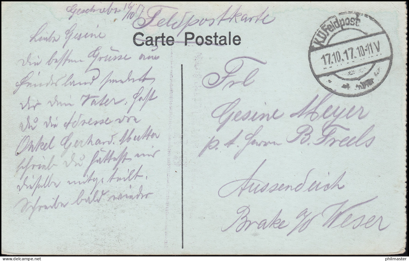 Frankreich AK Bethune, Feldpostkarte K.D.Feldpost 17.10.17. Nach Brake/Weser - Occupation 1914-18