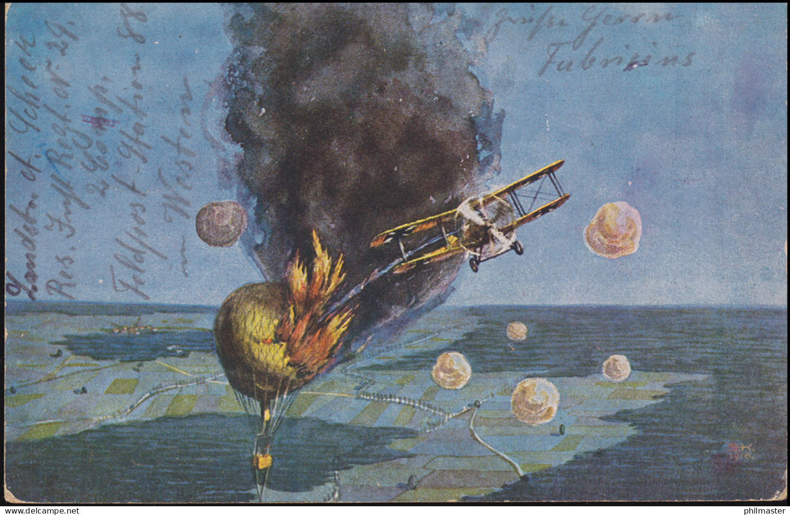 AK Deutsche Fliegerkarten - Explosion Franz. Fessel-Ballon, Feldpost 27.8.16 - Sonstige & Ohne Zuordnung