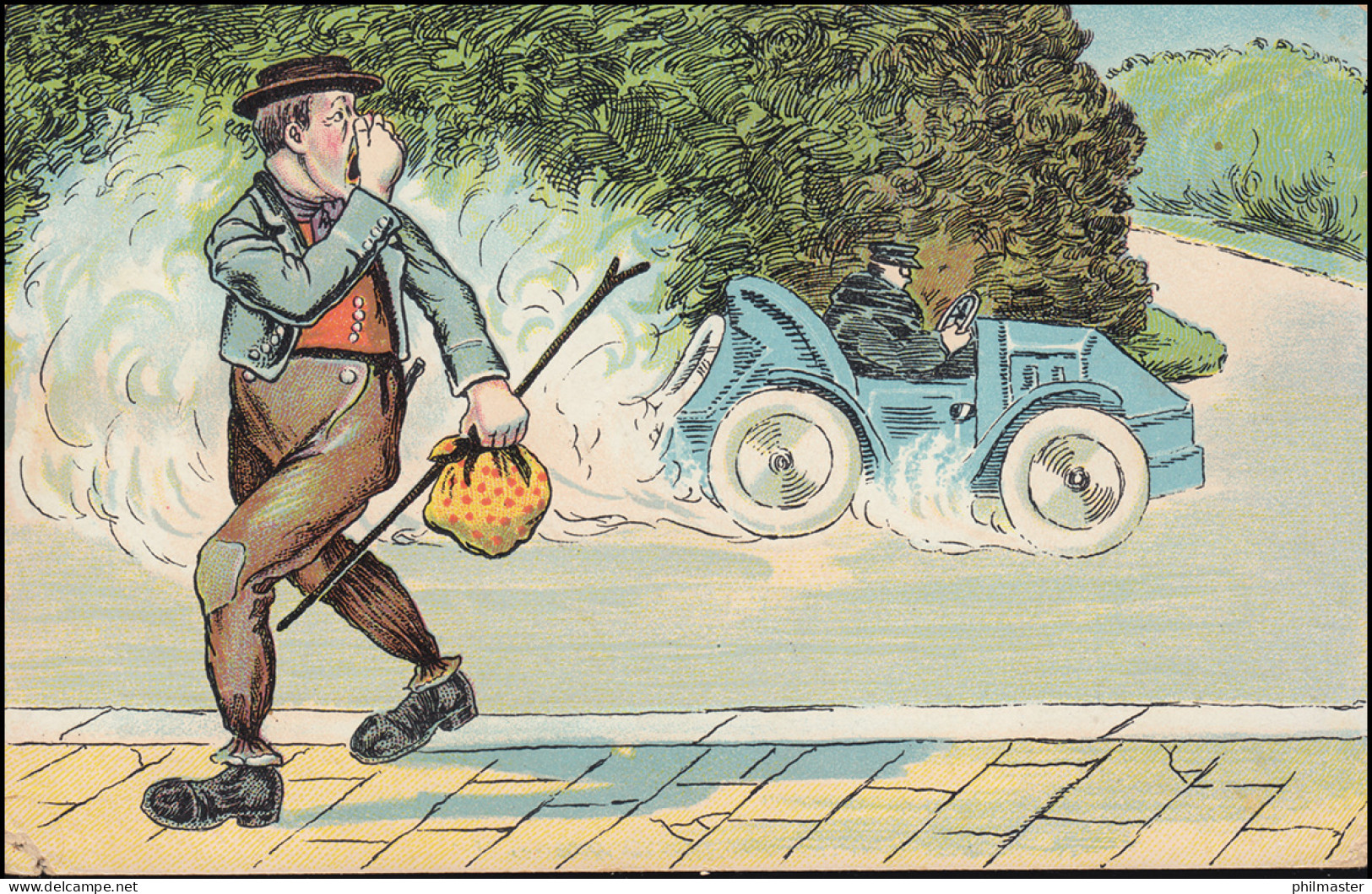 Karikatur-AK Auspuffgase - Stinkendes Auto LEOPOLDSHÖHE (BADEN) 15.8.1908  - Humour