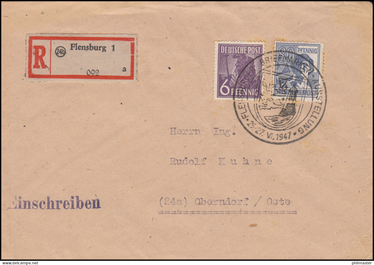 944+947 Kontrollrat II Auf R-Brief Flensburg 1 SSt Briefmarken-Ausstellung 1947 - Otros & Sin Clasificación