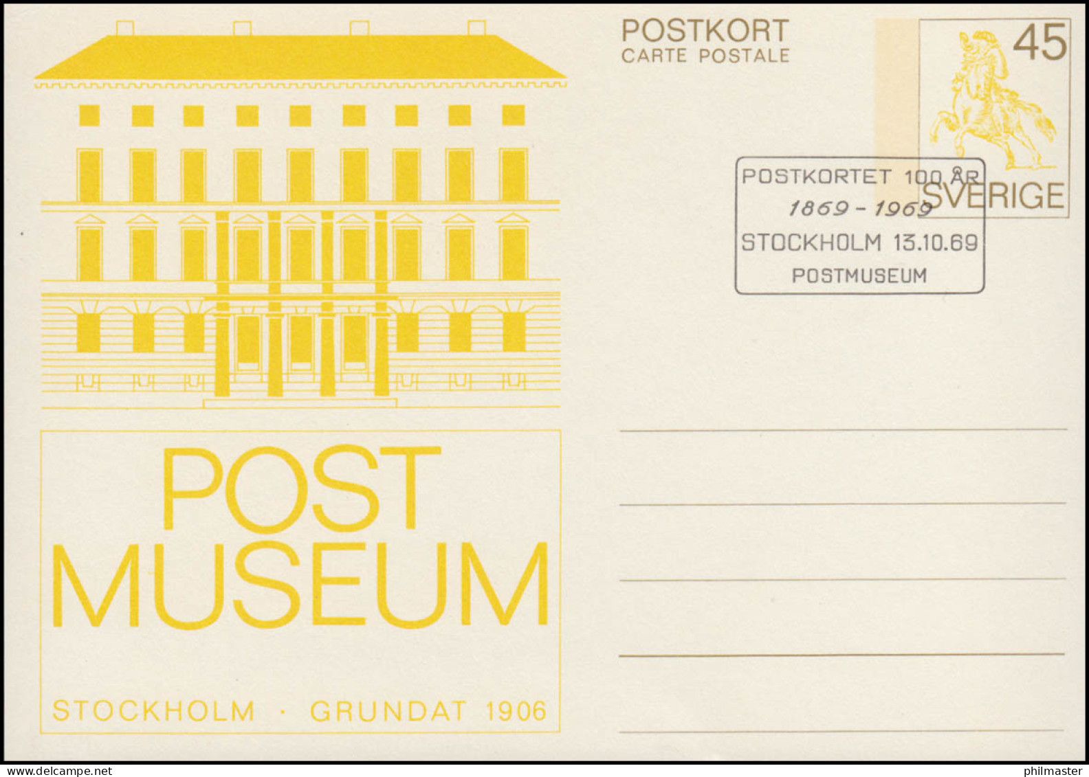 Schweden Postkarte P 89 Postmuseum Postreiter, FDC Stockholm 13.10.1969 - Entiers Postaux