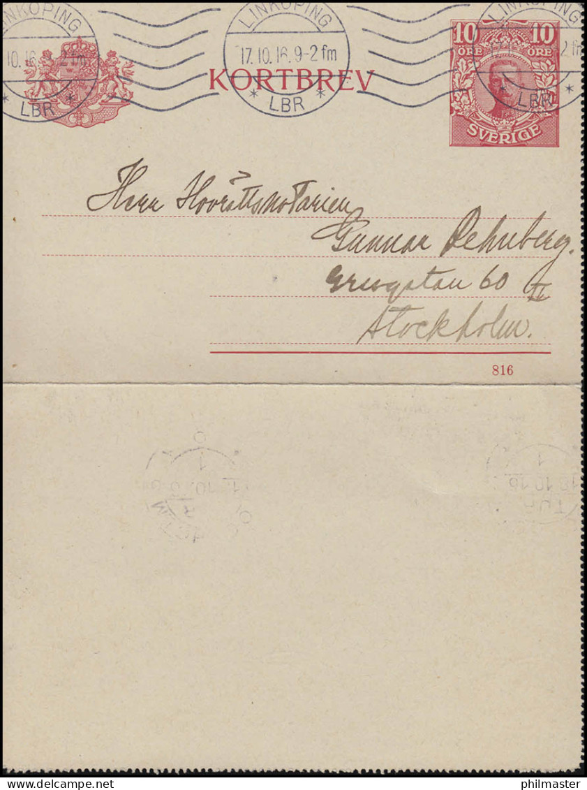Kartenbrief K 13 KORTBREV 10 Öre Mit DV 816, LINKÖPING 17.10.16, Karte Ohne Rand - Postal Stationery
