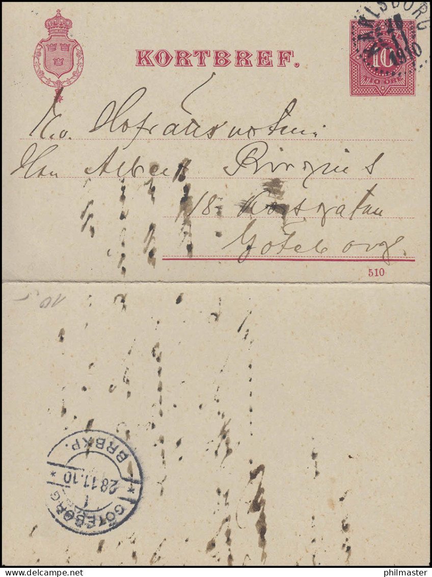 Kartenbrief K 8 Ziffer DV 510, KARLSBORG 28.11.1910 Nach GÖTEBORG 28.11.10 - Postal Stationery