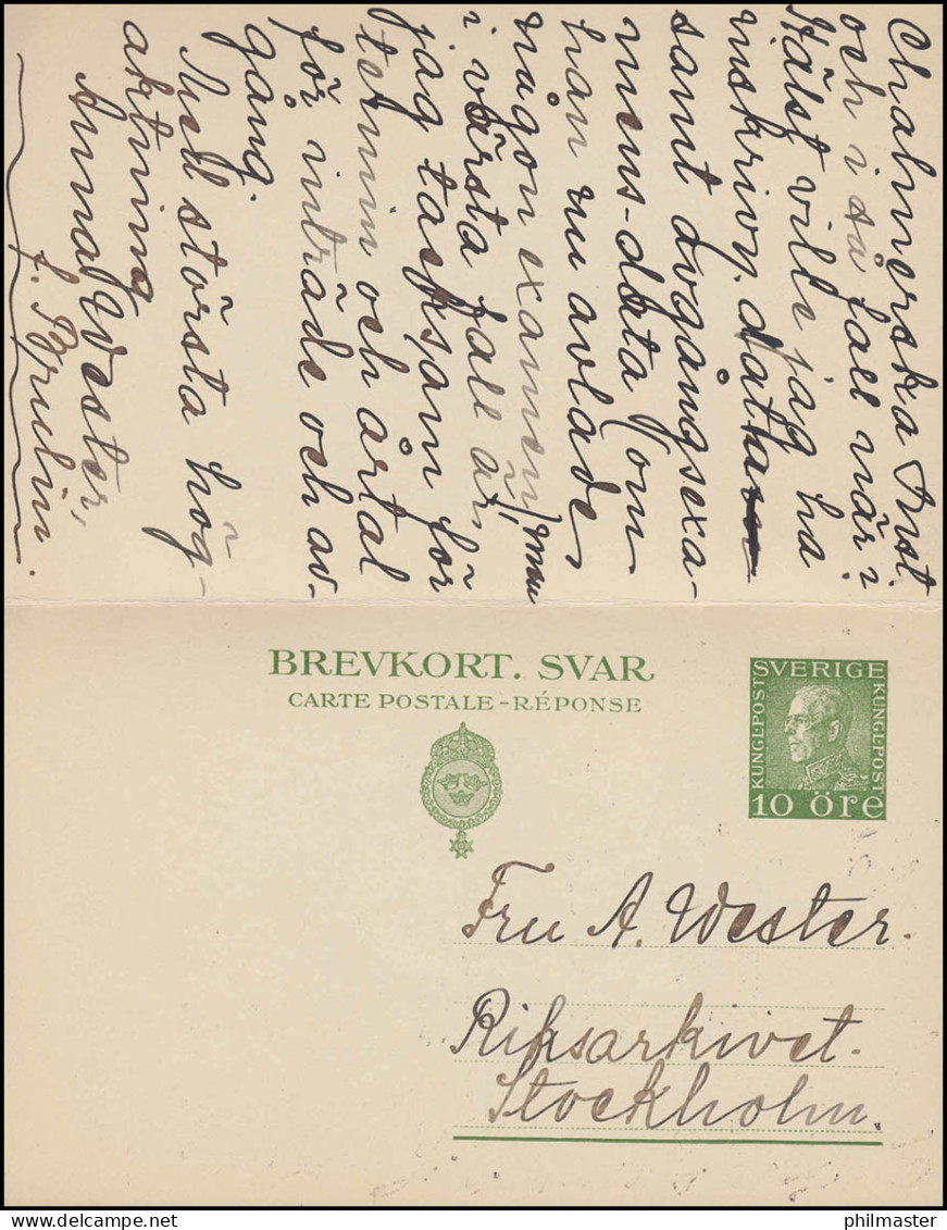 Postkarte P 43 Brevkort König Gustav 10/10 Öre, STOCKHOLM 26.4.1927 - Enteros Postales