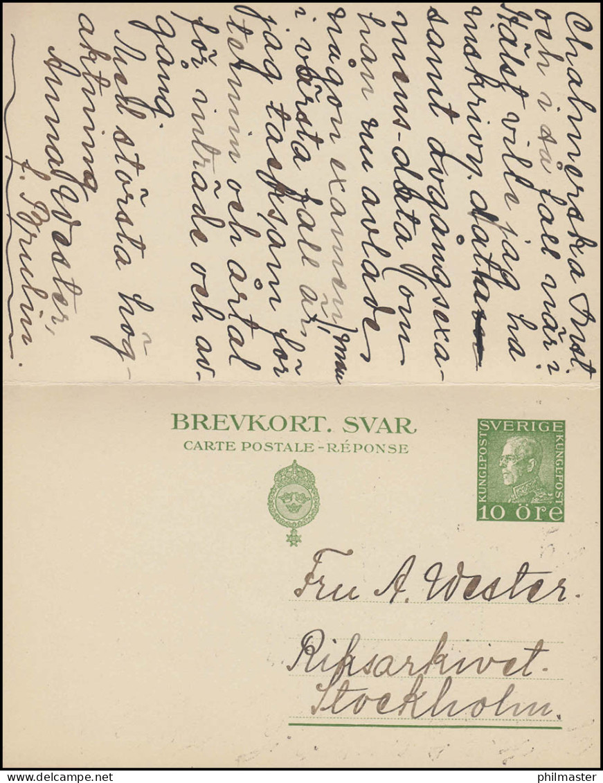 Postkarte P 43 Brevkort König Gustav 10/10 Öre, STOCKHOLM 26.4.1927 - Postwaardestukken