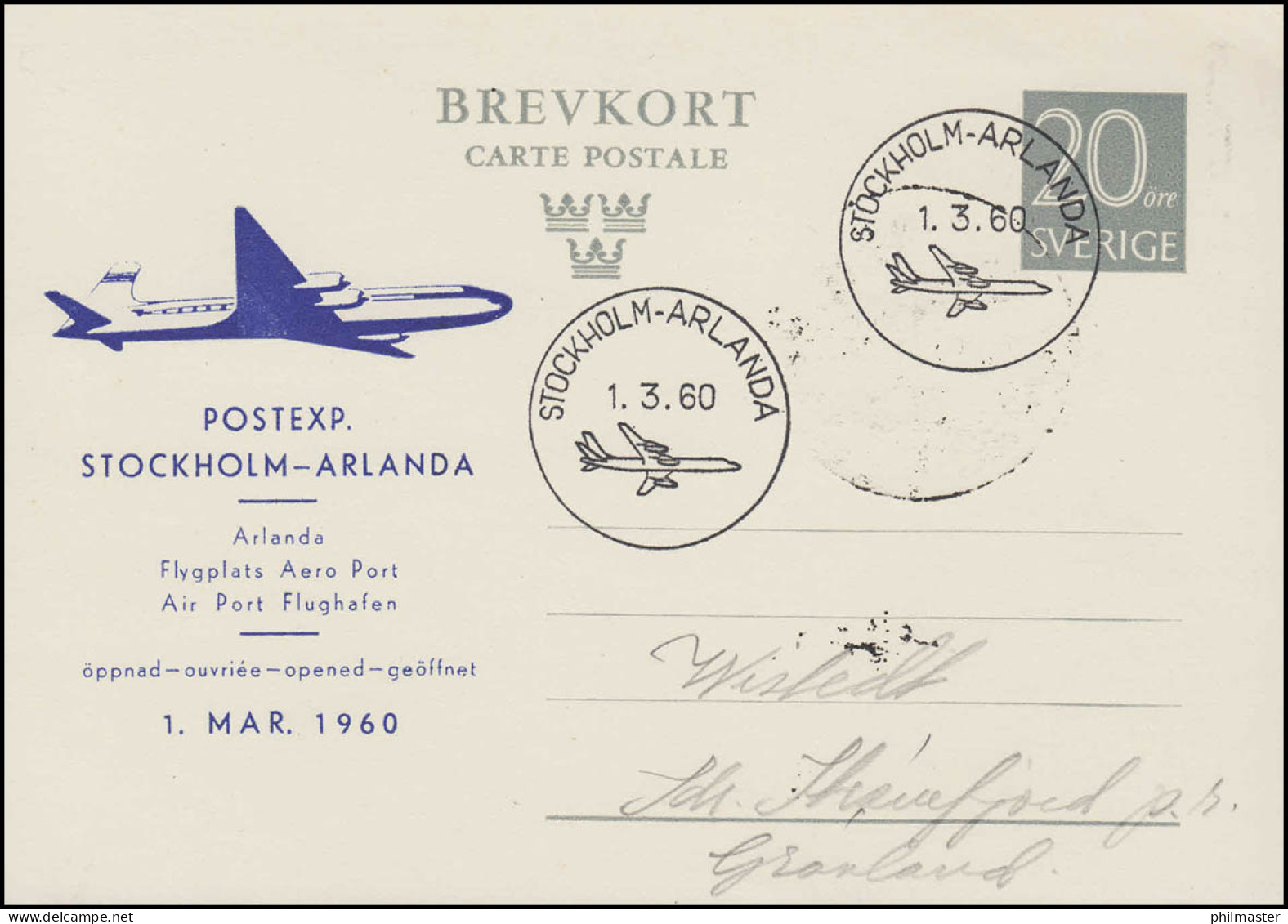 Erstflug Schweden-Grönland Ab Flughafen Stockholm-Alanda Am 1.3.1960 Auf P 68 - Enteros Postales