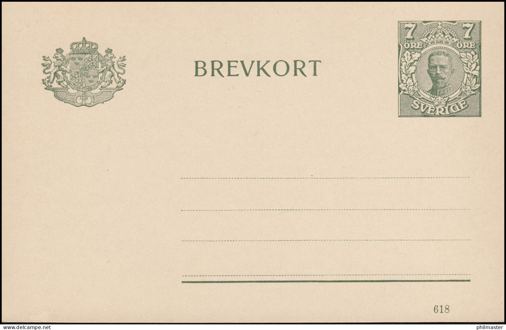 Schweden Postkarte P 33 Brevkort König Gustav Druckdatum 618, ** Postfrisch - Ganzsachen