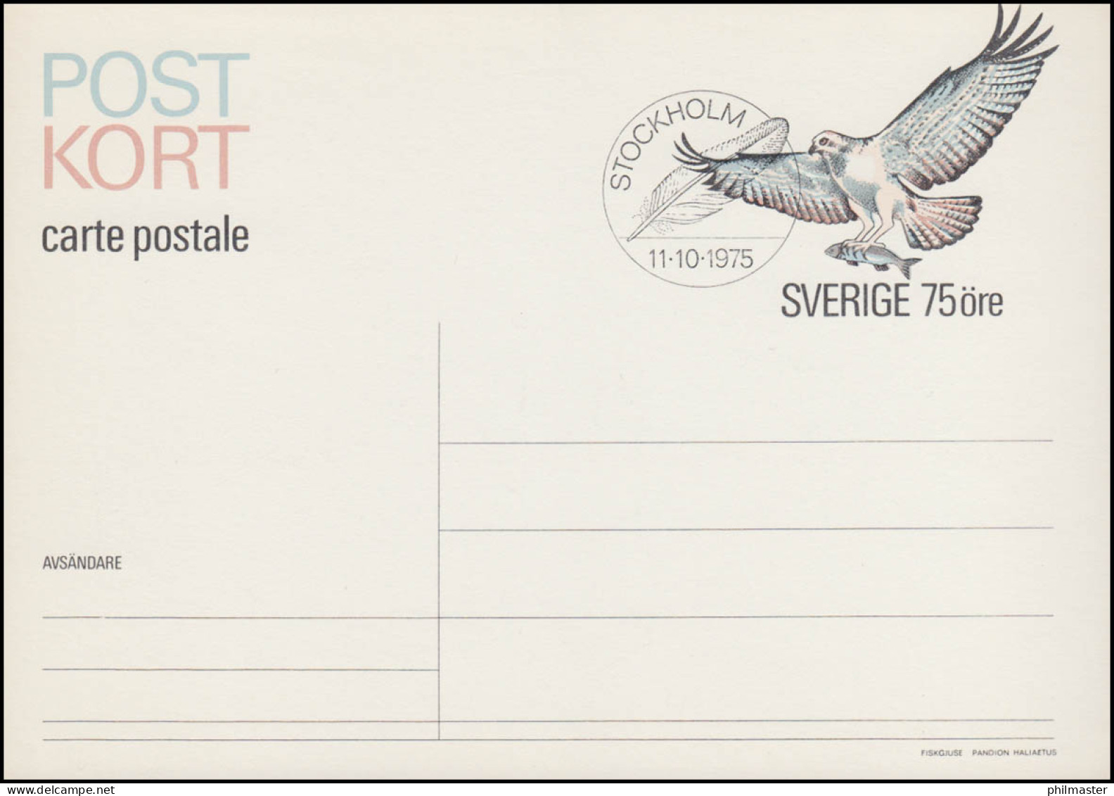 Schweden Postkarte P 96 Fischadler 75 Öre 1975, FDC Stockholm 11.10.75 - Postal Stationery